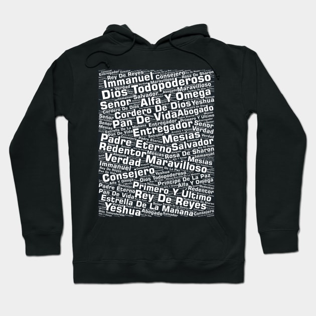 Names of Jesus Word Cloud Spanish Hoodie by BubbleMench